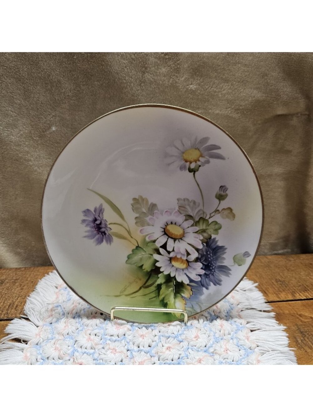 Antique Nippon Morimura Hand Painted Daisies Plate Gold Trim Signed Purple/White